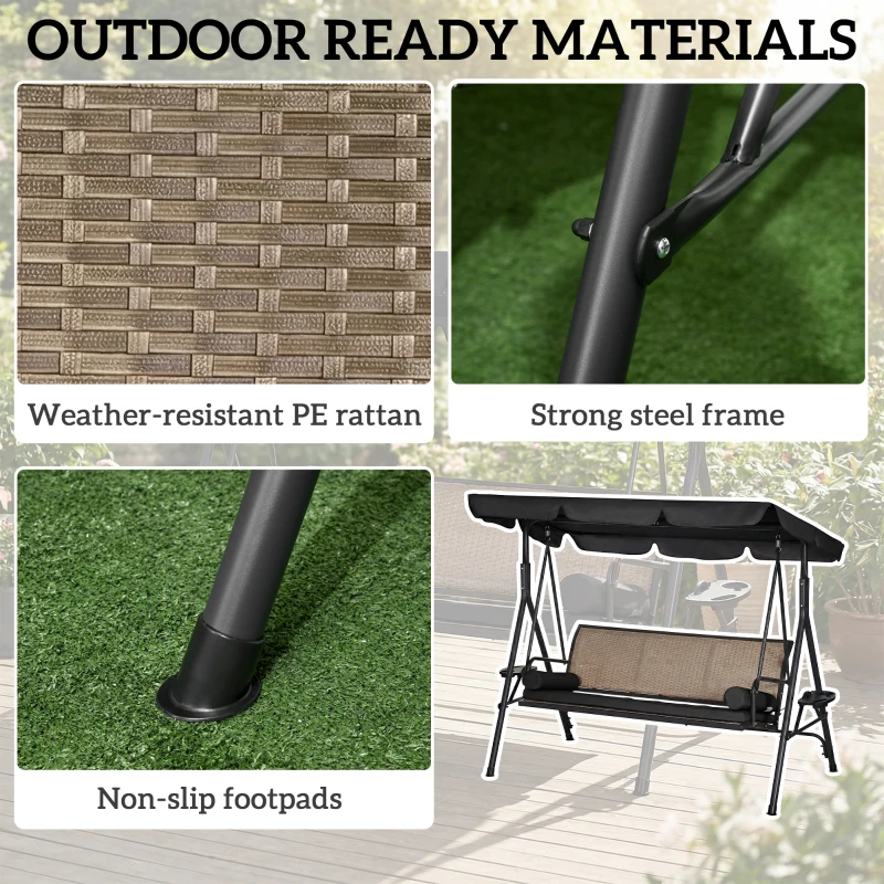 Outsunny Outdoor 3-Seat Porch Swing with Canopy, Rattan Seat, Removable Cushion, Pillows and Steel Frame