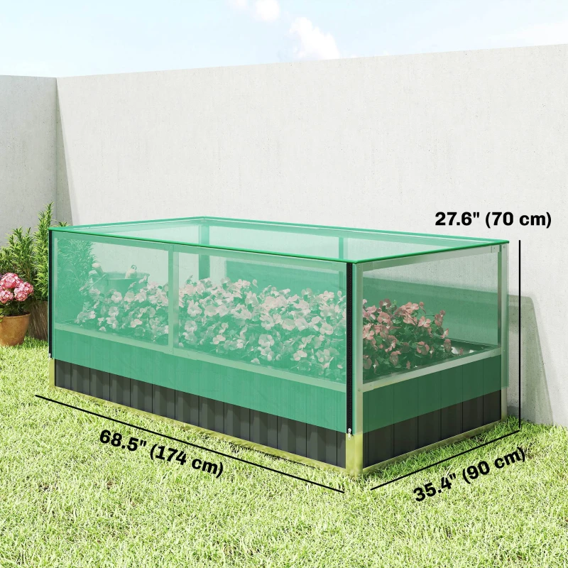 Outsunny Raised Garden Bed, 5.7 x 3 x 2.3ft Steel Planter Box Outdoor with Cover, Gloves, Dark Grey