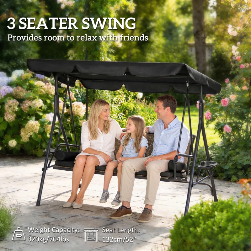 Outsunny Outdoor 3-Seat Porch Swing with Canopy, Rattan Seat, Removable Cushion, Pillows and Steel Frame