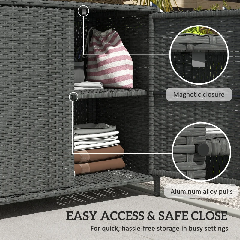 Outsunny Wicker Outdoor Storage Cabinet Double Magnetic Doors, PE Rattan Outdoor Towel Rack for Pool, Patio, Dark Grey