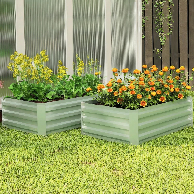 Outsunny Set of 2 Galvanized Raised Beds for Garden, Outdoor Planter Box for Flowers, Herbs and Vegetables, Light Green