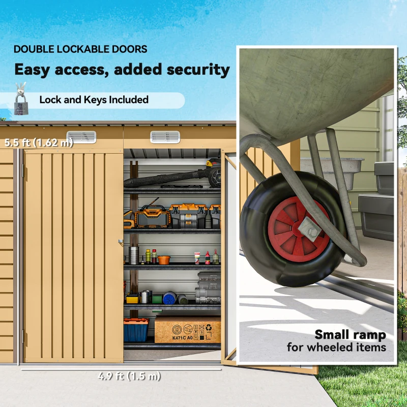 Outsunny 8 x 4FT Galvanized Garden Storage Shed, Metal Outdoor Shed with Double Doors and 2 Vents, Yellow
