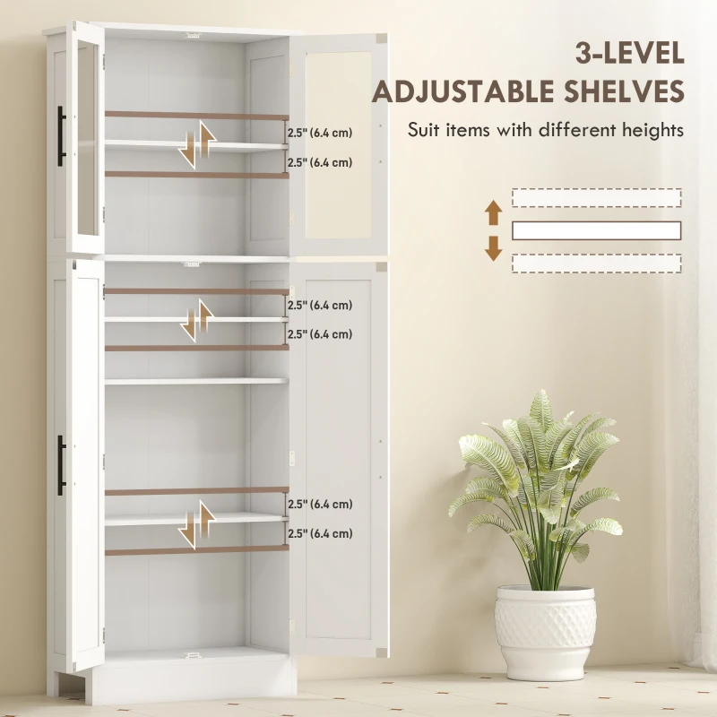 HOMCOM Tall Bathroom Cabinet with Glass Doors, Space-Saving Unit with Adjustable Shelves, Freestanding Storage, White