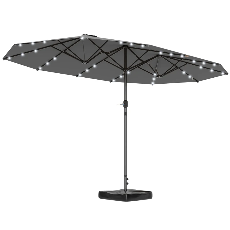Outsunny Garden Parasol 14.4ft Double-Sided Sun Umbrella with Base, Patio Parasol with LED Solar Lights, Gray