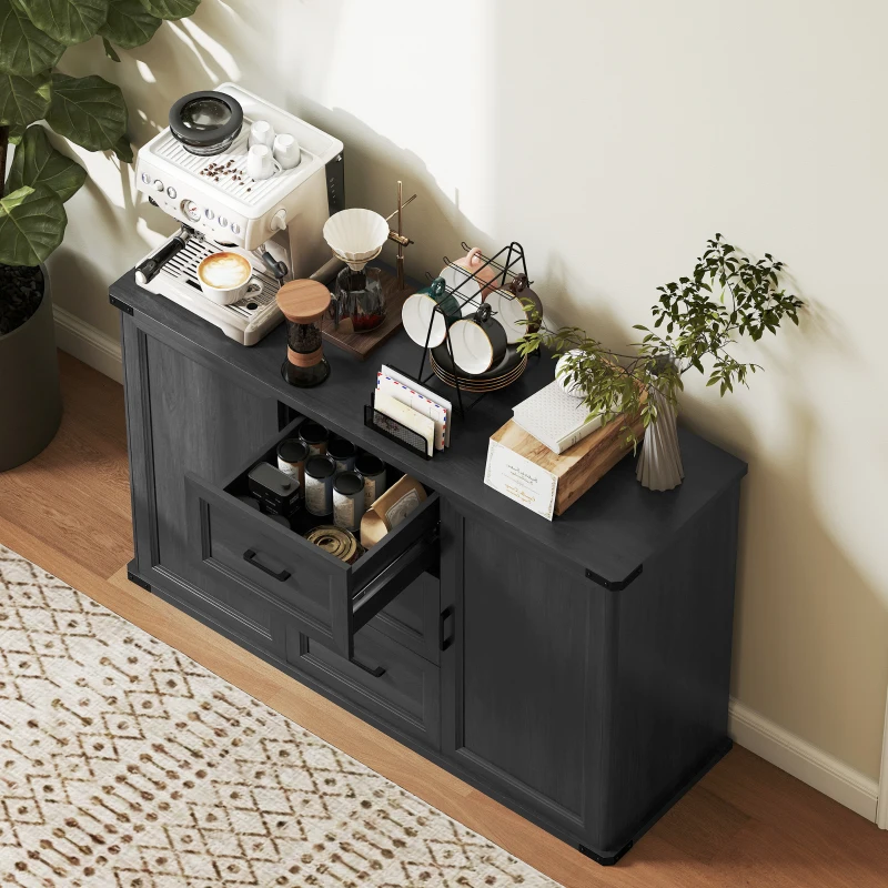 HOMCOM Sideboard with 3 Drawers and 2 Doors, 47" Buffet Cabinet with Adjustable Shelves for Kitchen, Black Wood Grain
