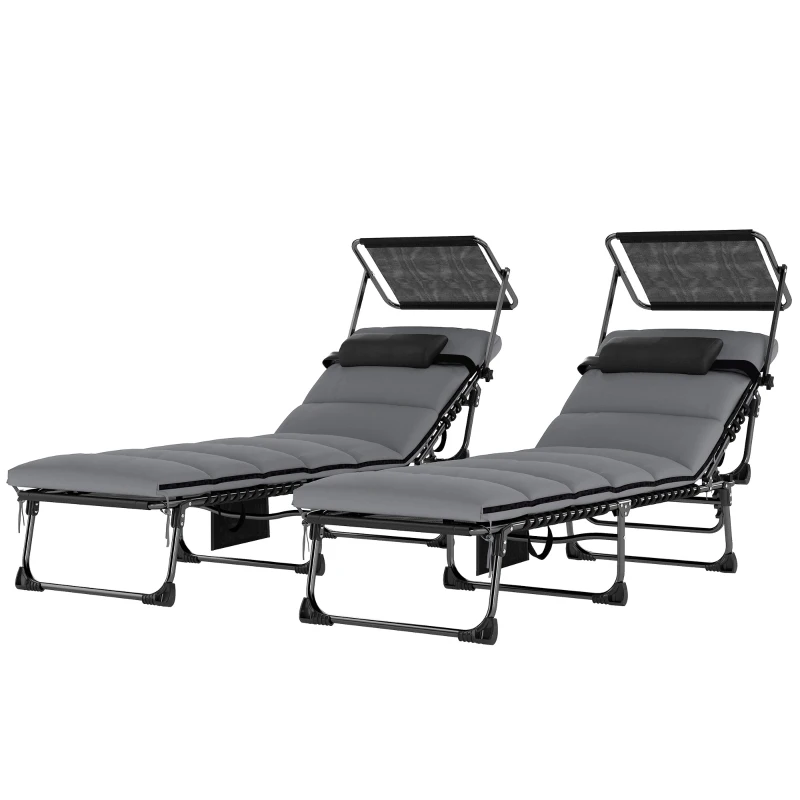 Outsunny Outdoor Chaise Lounge Chairs, 2 PCS Folding Lounge Chairs with Adjustable 5-Position, Cushion, Canopy, Side Pocket