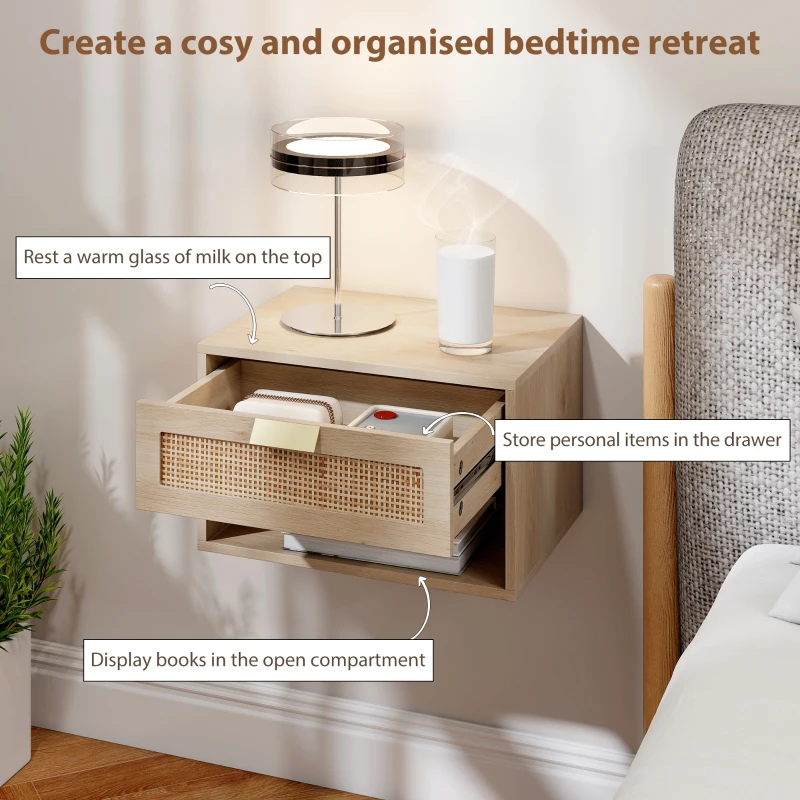 HOMCOM Floating Bedside Table Set of 2, Wall Mount Nordic Nightstands with Storage Drawer and Open Shelf for Bedroom, Oak