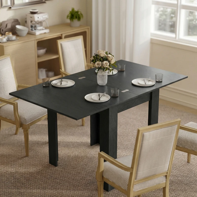 HOMCOM 55" Extendable Dining Table for 4-6 Person, Kitchen Table with PU Handle and Felt Pads for Small Spaces, Black