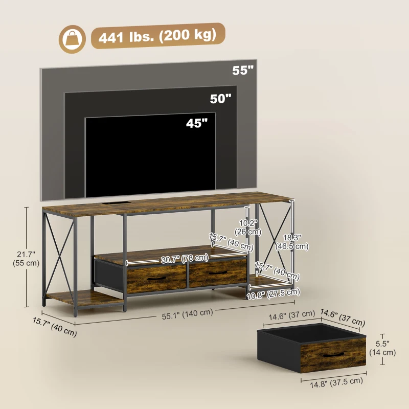 HOMCOM Industrial TV Stand for up to 55 Inch TV, TV Console with Charging Station and RGB LED Lights, Rustic Brown