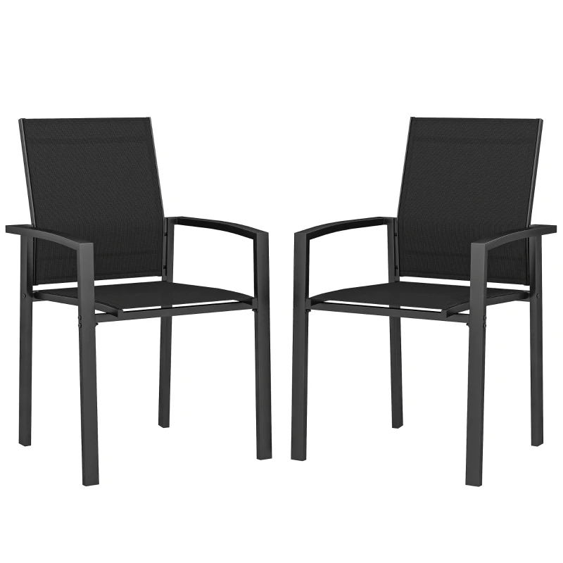 Outsunny Set of 2 Outdoor Garden Chairs, Stackable Patio Dining Chairs with Breathable Fabric, Armrests and Backrest, Black