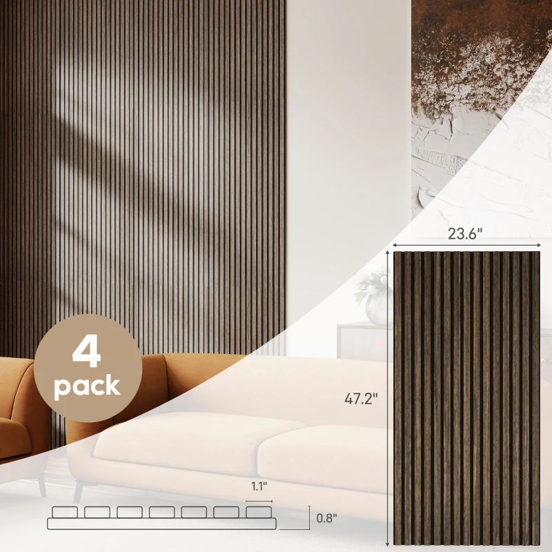 HOMCOM 47" x 24" Wood Panels for Wall, 4 Pack Acoustic Panels, Sound Absorbing Slat Wall for Wall Decor, Home, Walnut