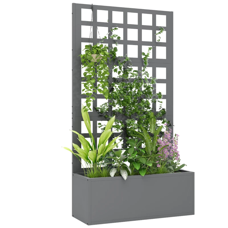 Outsunny Galvanized Raised Garden Bed Planter Box with Trellis for Climbing Plants, Vegetable, Vines, 24" x 9" x 44.5", Gray