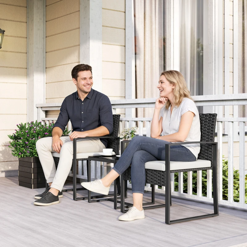 Outsunny Outdoor Bistro Set, 3 Piece Wicker Patio Furniture Set with Glass Top Table and Cushions for Porch, Balcony, Cream White