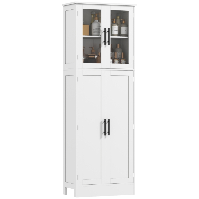 HOMCOM Tall Bathroom Cabinet with Glass Doors, Space-Saving Unit with Adjustable Shelves, Freestanding Storage, White