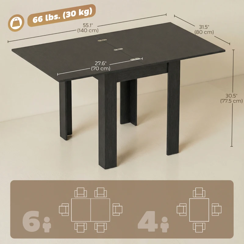 HOMCOM 55" Extendable Dining Table for 4-6 Person, Kitchen Table with PU Handle and Felt Pads for Small Spaces, Black