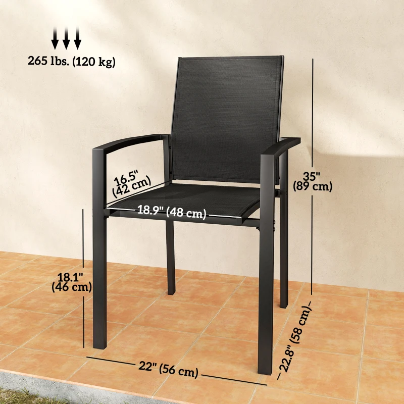 Outsunny Set of 2 Outdoor Garden Chairs, Stackable Patio Dining Chairs with Breathable Fabric, Armrests and Backrest, Black
