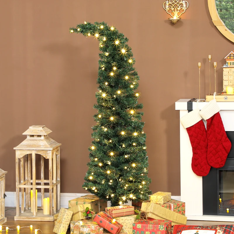 HOMCOM 5 ft Prelit Christmas Tree, Whimsical Xmas Tree Slim High Mountain Fir with 100 LEDs and Metal Stand, Green