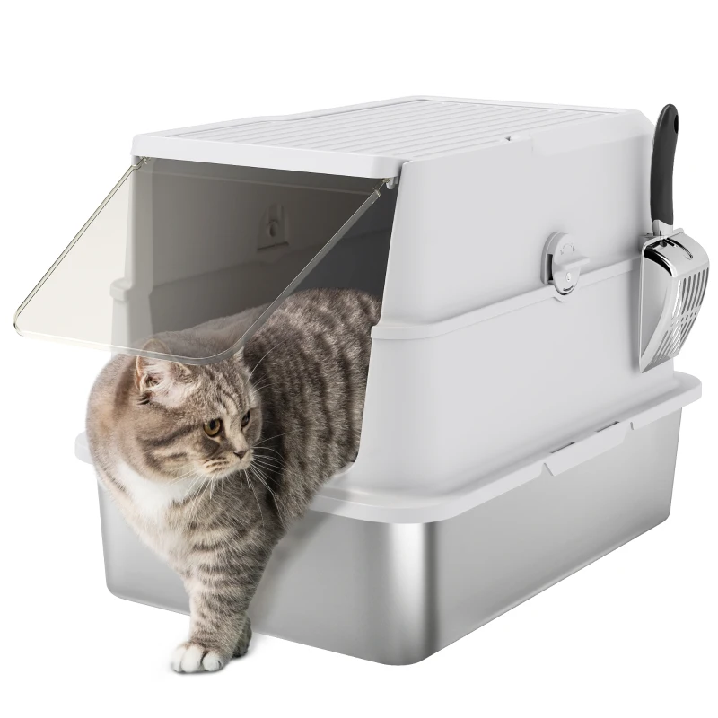 PawHut XL Stainless Steel Cat Litter Box for Big Cats with Flip Top, Scoop, Easy Clean & No Odors, Non-Sticky