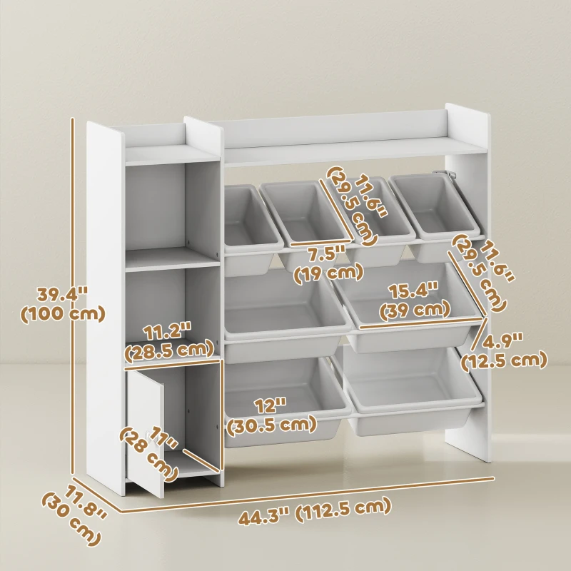 Qaba Kids Bookshelf and Toy Storage Organizer, Children Bookcase with 8 Removable Bins, Cabinet for Playroom, Kids Room, Nursery, White