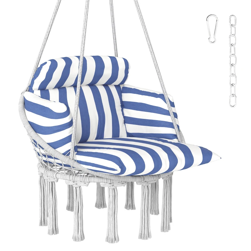 Outsunny Hammock Swing Chair, Macrame Hanging Chair with Large Cushion, Chain, Steel Frame for Indoor Outdoor Use, Blue and White