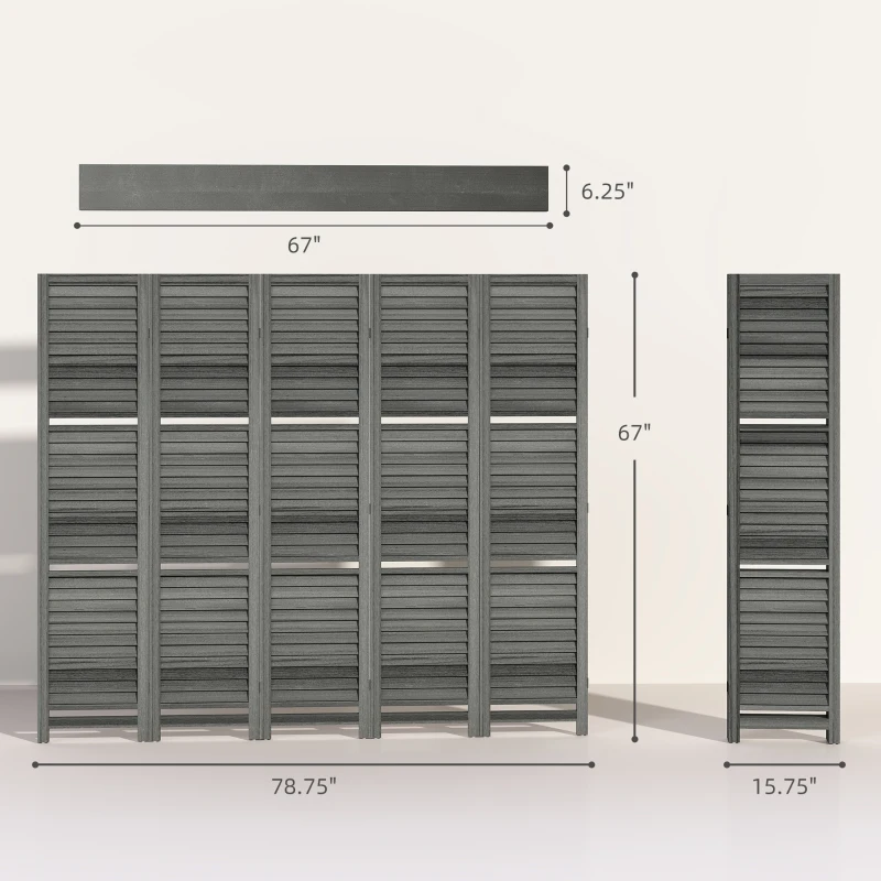 HOMCOM 5 Panel 67" Tall Wood Privacy Screen Room Divider with 3 Shelves and Folding Storage for Bedroom, Gray