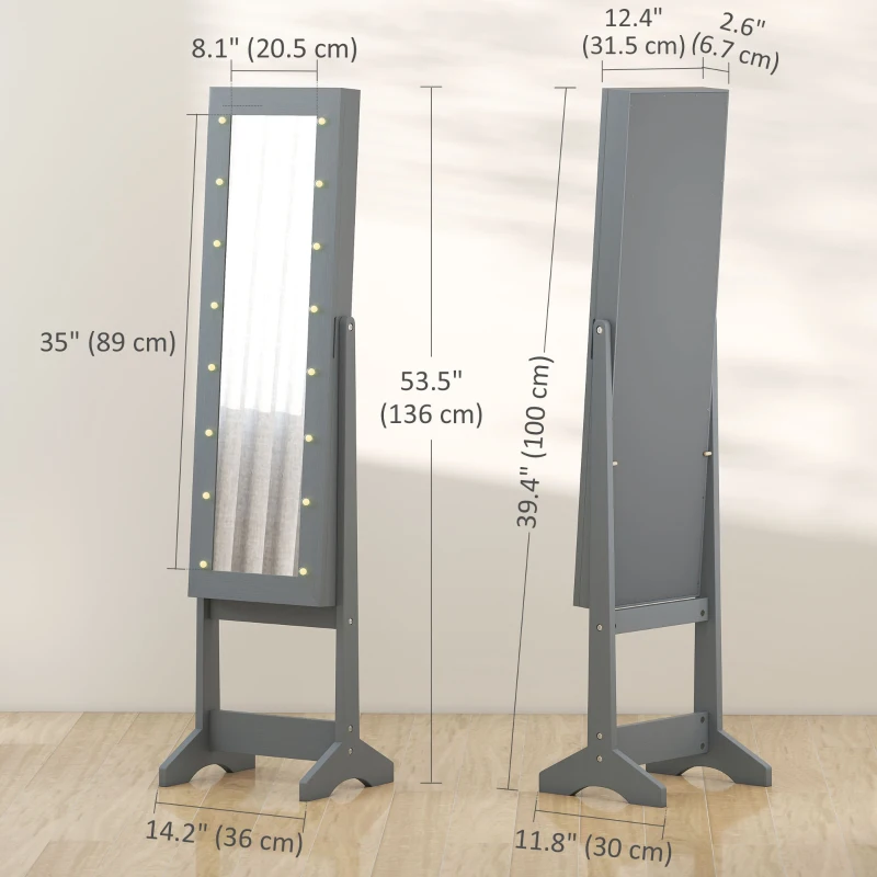 HOMCOM Free Standing Armoire Organizer, Lighted Mirrored Jewelry Cabinet w/ Angle Adjustable & 16 LED Lights, Grey
