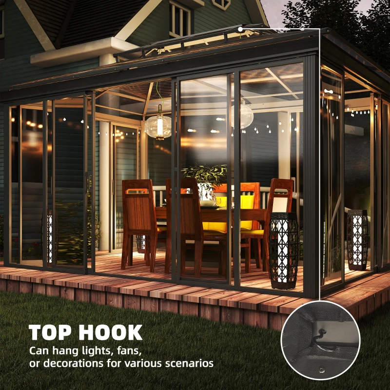 Outsunny 10' x 14' Outdoor Hardtop Gazebo, Aluminum Sun Room Solarium with Sliding Doors, Double Roof Patio Gazebo, Dark Grey