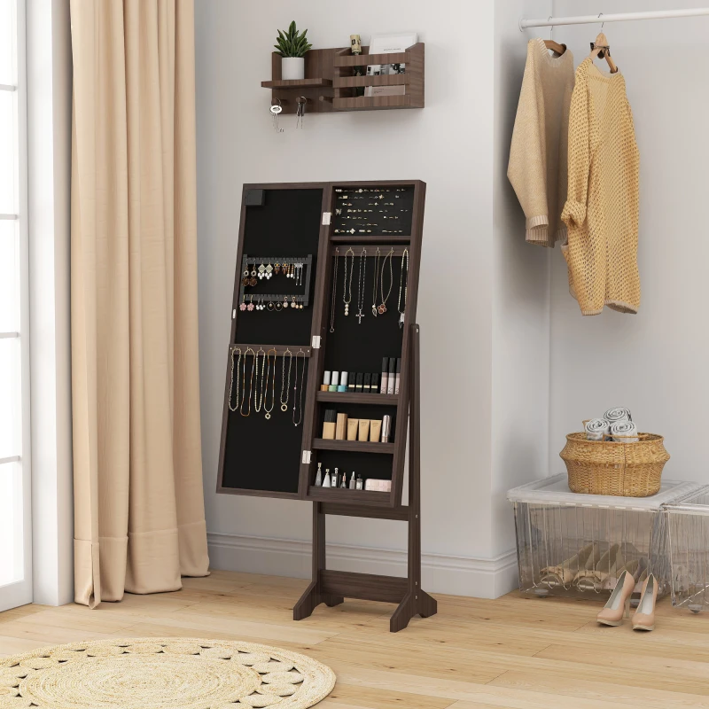 HOMCOM Free Standing Armoire Organizer, Lighted Mirrored Jewelry Cabinet w/ Angle Adjustable & 16 LED Lights, Dark Brown