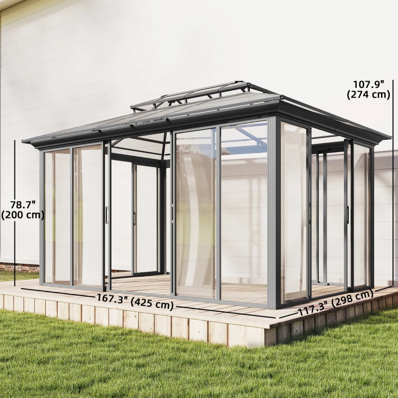 Outsunny 10' x 14' Outdoor Hardtop Gazebo, Aluminum Sun Room Solarium with Sliding Doors, Double Roof Patio Gazebo, Dark Grey