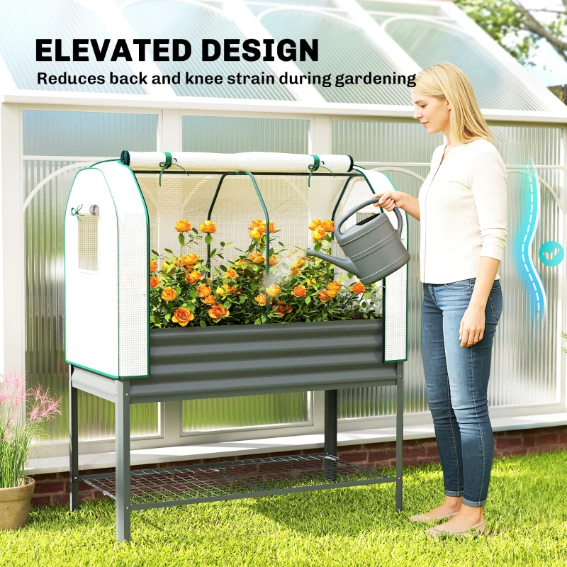 Outsunny Galvanised Raised Garden Bed with Greenhouse Cover, Metal Elevated Garden Bed with Bed Liner, Bottom Shelf, Dark Gray