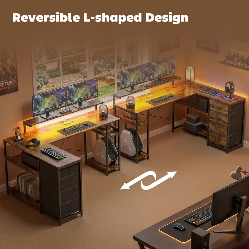 HOMCOM Gaming Desk with Power Outlets LED Lights Computer Desk with Drawers Monitor Stand 61" Rustic Brown