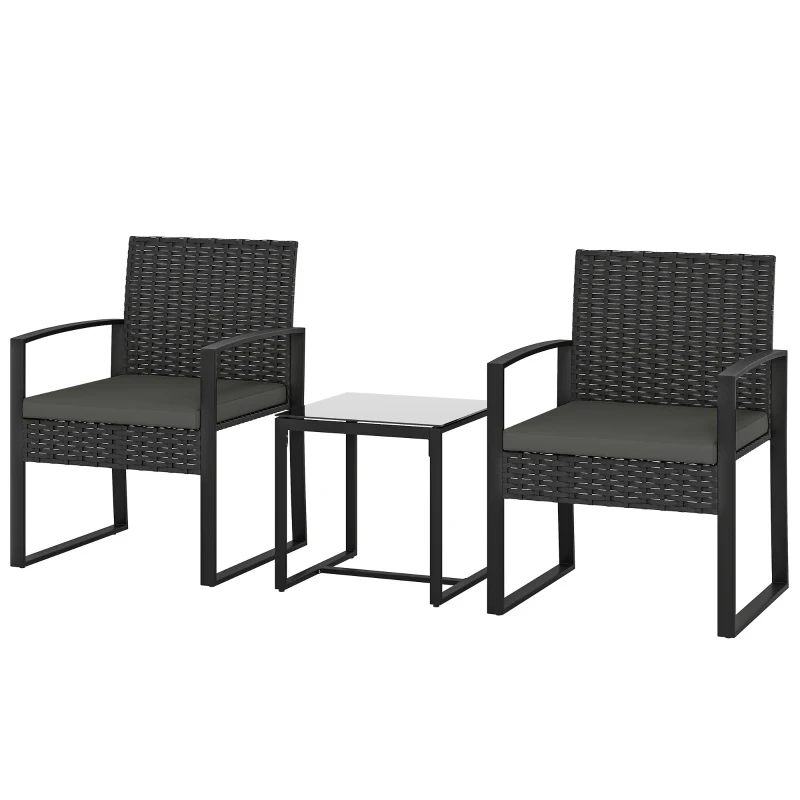 Outsunny Outdoor Bistro Set, 3 Piece Wicker Patio Furniture Set with Glass Top Table and Cushions for Porch, Balcony, Dark Grey