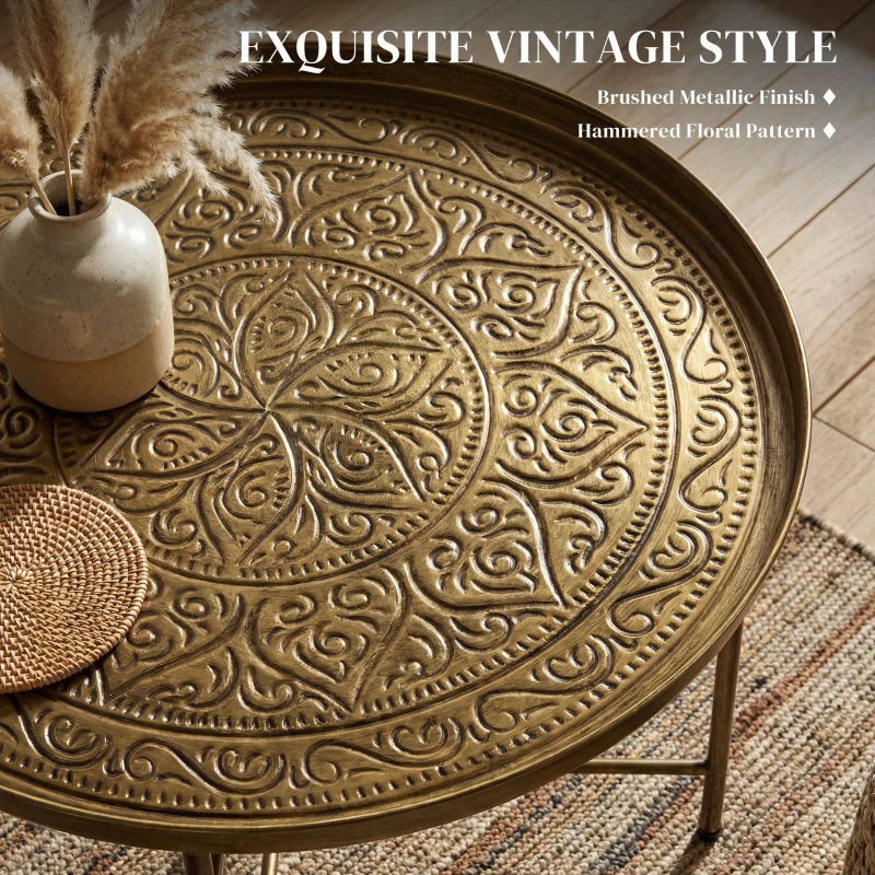 HOMCOM Coffee Table for Living Room, 24" Round Center Table with Hammered Tray Top and Metal Frame for Bedroom, Gold