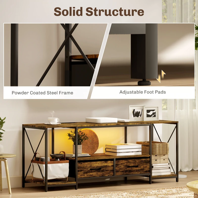 HOMCOM Industrial TV Stand for up to 55 Inch TV, TV Console with Charging Station and RGB LED Lights, Rustic Brown