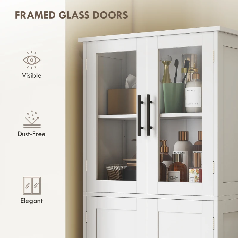 HOMCOM Tall Bathroom Cabinet with Glass Doors, Space-Saving Unit with Adjustable Shelves, Freestanding Storage, White