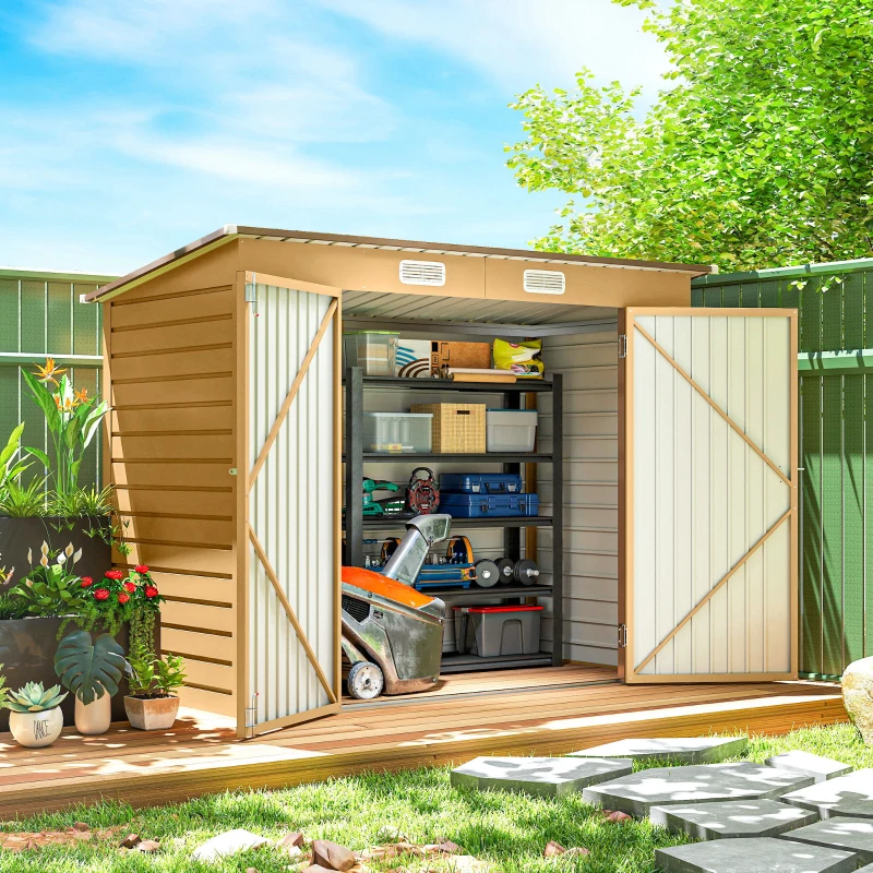 Outsunny 8 x 4FT Galvanized Garden Storage Shed, Metal Outdoor Shed with Double Doors and 2 Vents, Yellow