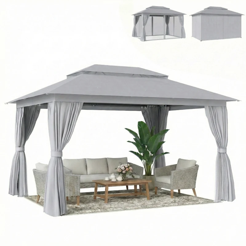 Outsunny 10' x 13' Patio Gazebo, UPF50+ Double Roof Outdoor Gazebo Canopy with Netting and Curtains, Steel Frame, Dark Grey