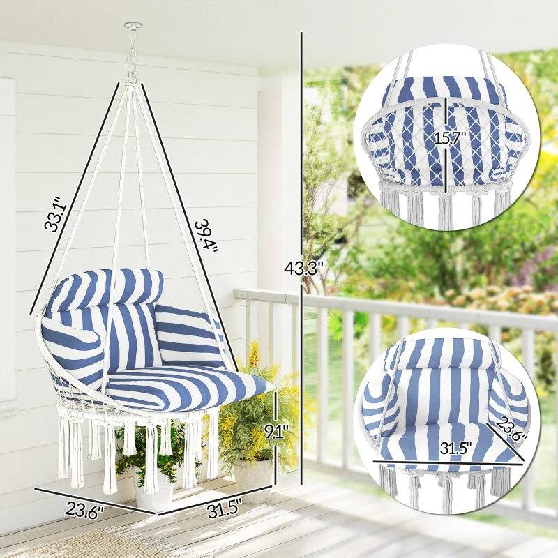 Outsunny Hammock Swing Chair, Macrame Hanging Chair with Large Cushion, Chain, Steel Frame for Indoor Outdoor Use, Blue and White
