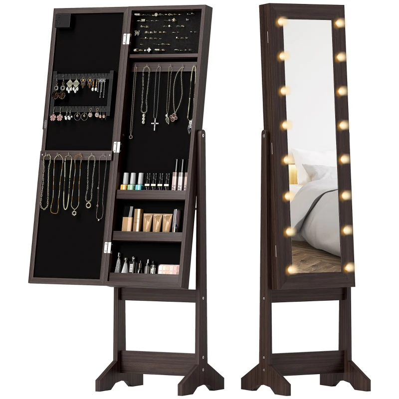 HOMCOM Free Standing Armoire Organizer, Lighted Mirrored Jewelry Cabinet w/ Angle Adjustable & 16 LED Lights, Dark Brown
