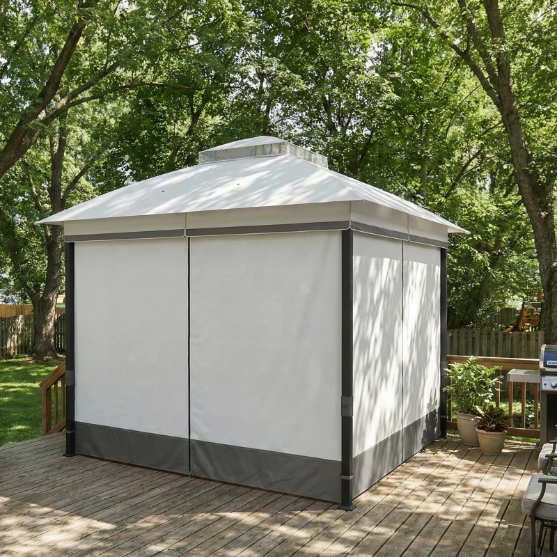 Outsunny 10' x 10' Patio Gazebo, UPF50+ Double Roof Outdoor Gazebo Canopy with Netting and Curtains, Steel Frame, Light Grey