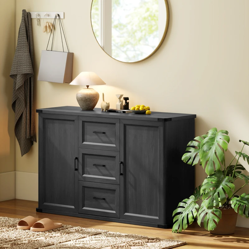 HOMCOM Sideboard with 3 Drawers and 2 Doors, 47" Buffet Cabinet with Adjustable Shelves for Kitchen, Black Wood Grain