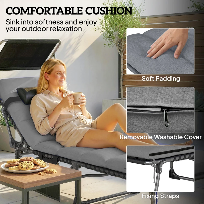 Outsunny Outdoor Chaise Lounge Chairs, 2 PCS Folding Lounge Chairs with Adjustable 5-Position, Cushion, Canopy, Side Pocket