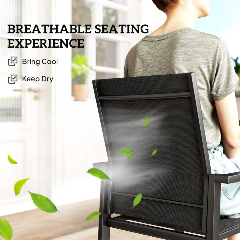 Outsunny Set of 2 Outdoor Garden Chairs, Stackable Patio Dining Chairs with Breathable Fabric, Armrests and Backrest, Black