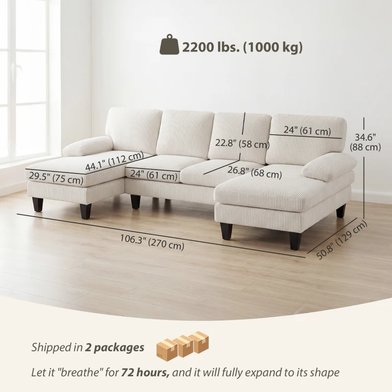 HOMCOM Sectional Sofa, U Shaped Couch with Double Chaise, Pillow-top Armrests and Spring Cushions, 2200lb Capacity, Beige