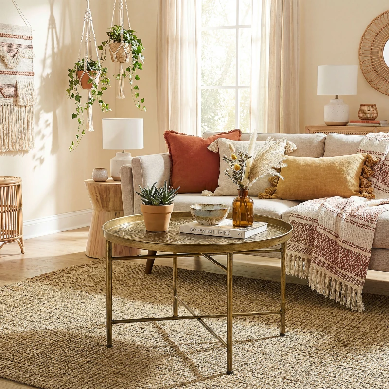 HOMCOM Coffee Table for Living Room, 24" Round Center Table with Hammered Tray Top and Metal Frame for Bedroom, Gold