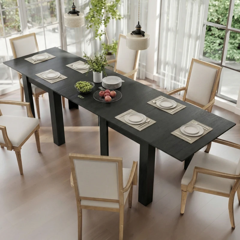 HOMCOM 55" Extendable Dining Table for 4-6 Person, Kitchen Table with PU Handle and Felt Pads for Small Spaces, Black