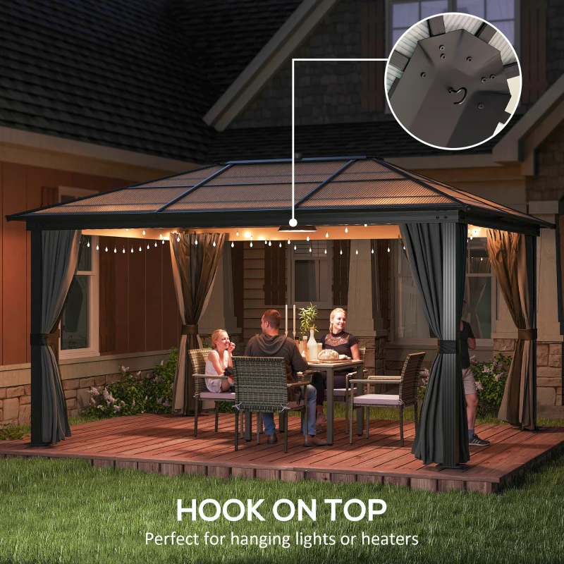 Outsunny 12' x 15' Hardtop Gazebo Canopy with Polycarbonate Roof, Aluminum Frame, Netting, Curtains and Ceiling Hook, Dark Grey