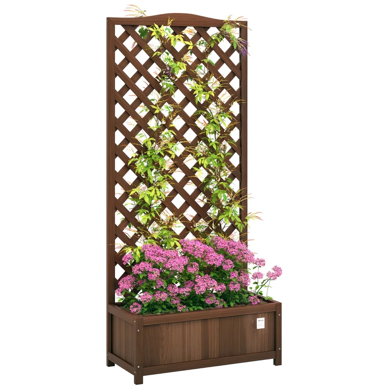 Outsunny Wood Planter with Trellis, Raised Garden Bed to Grow Vegetables for Backyard, 30" x 14" x 67", Dark Brown