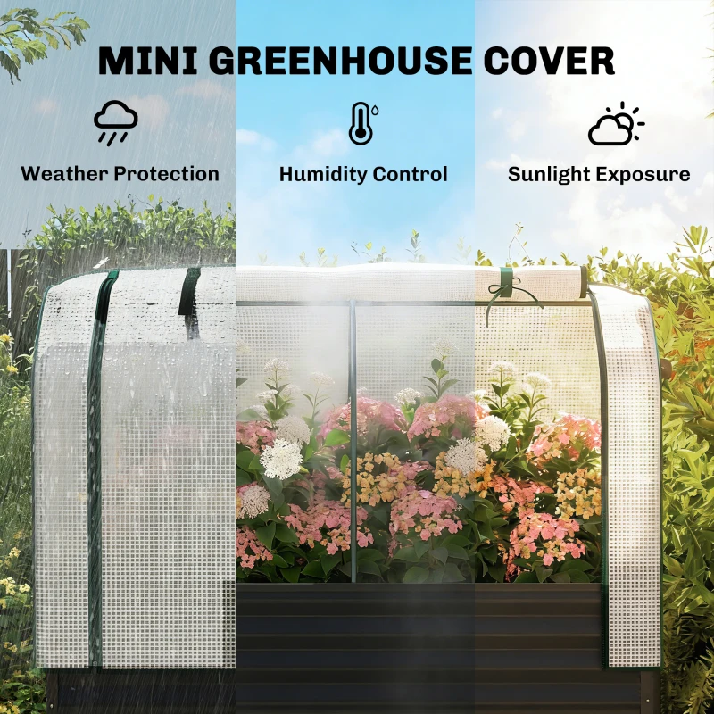 Outsunny Galvanised Raised Garden Bed with Greenhouse Cover, Metal Elevated Garden Bed with Bed Liner, Bottom Shelf, Black