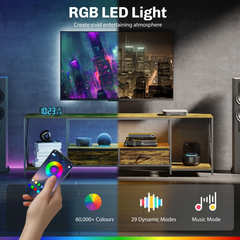 HOMCOM Industrial TV Stand for up to 60 Inch TV, TV Console with Charging Station and RGB LED Lights, Rustic Brown